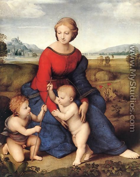 ישוע ויוחנן (Raffaello 1506-1505) כילדים. בצלב ניתן להבחין במפרקי הקנה. ברקע שני פרחי פרג. צבעו האדום הוא רמז מקדים לדם הצליבה.